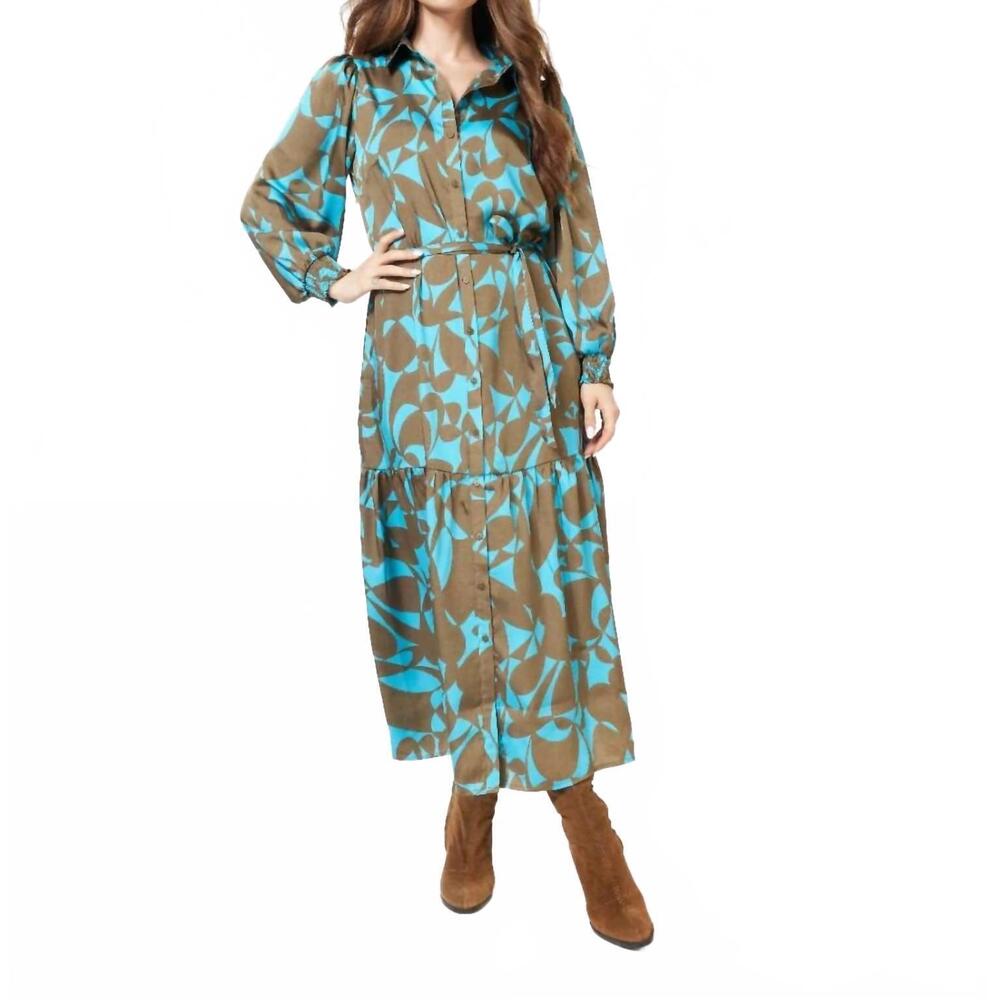 NEW ESQUALO liva long expressive roots dress in peacock blue and brown